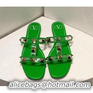 Best Product Valentino Roman Stud Flat Slide Sandals in Leather and PVC Green 1027104