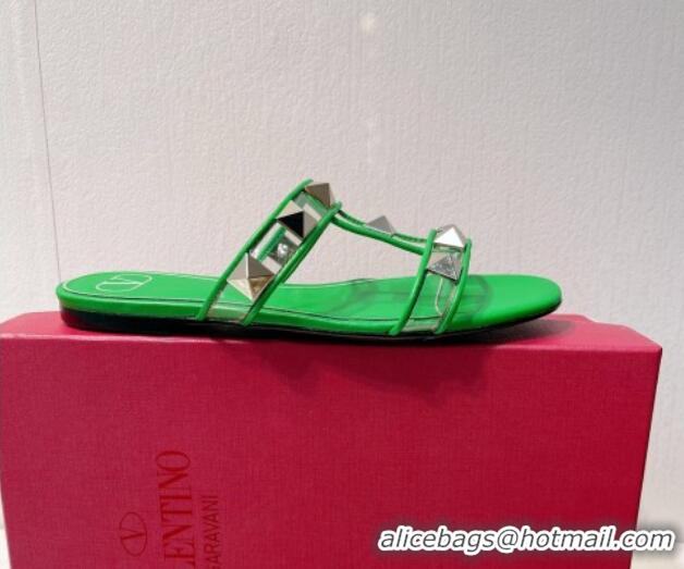 Best Product Valentino Roman Stud Flat Slide Sandals in Leather and PVC Green 1027104