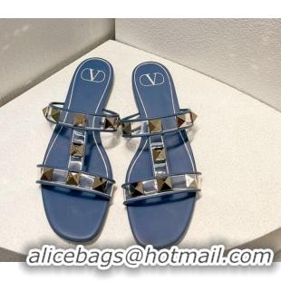 Durable Valentino Roman Stud Flat Slide Sandals in Leather and PVC Blue 027105