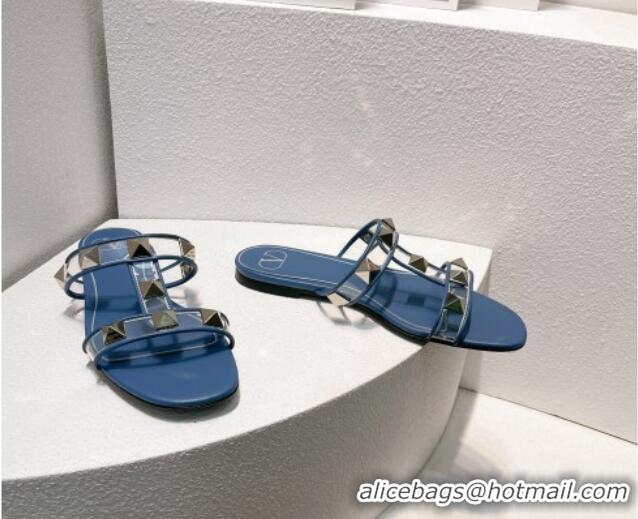 Durable Valentino Roman Stud Flat Slide Sandals in Leather and PVC Blue 027105