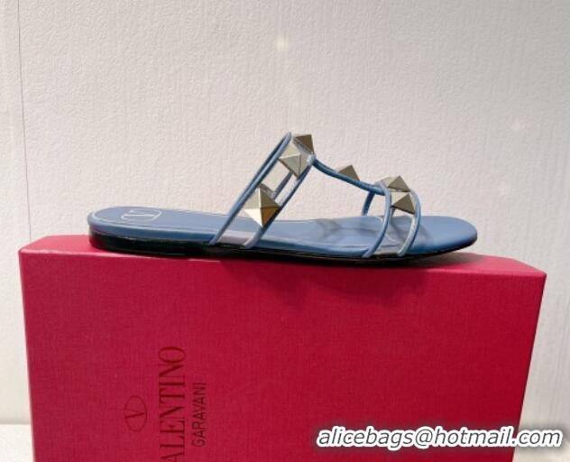 Durable Valentino Roman Stud Flat Slide Sandals in Leather and PVC Blue 027105