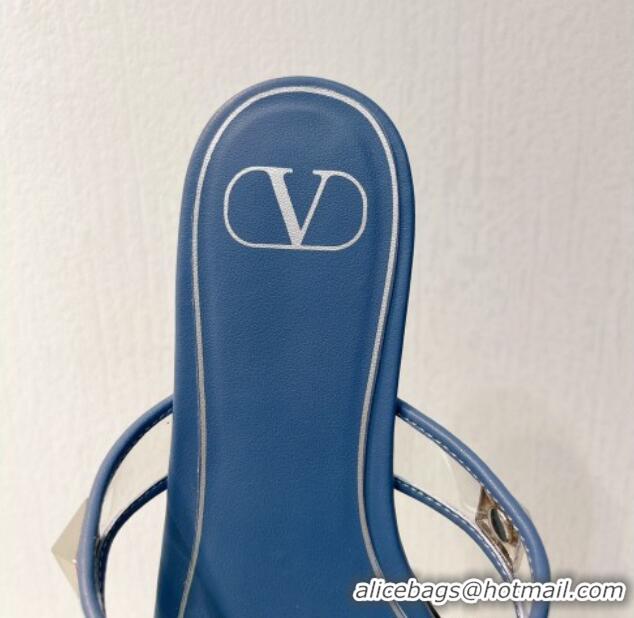 Durable Valentino Roman Stud Flat Slide Sandals in Leather and PVC Blue 027105