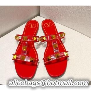 Good Looking Valentino Roman Stud Flat Slide Sandals in Leather and PVC Red 027106