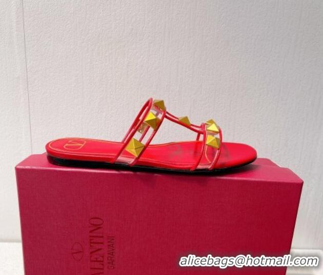 Good Looking Valentino Roman Stud Flat Slide Sandals in Leather and PVC Red 027106