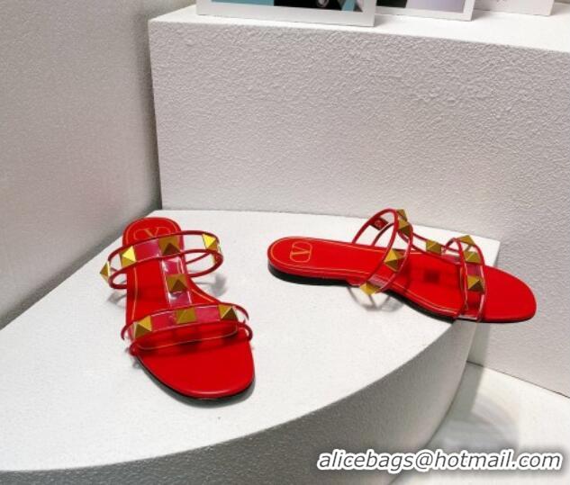 Good Looking Valentino Roman Stud Flat Slide Sandals in Leather and PVC Red 027106