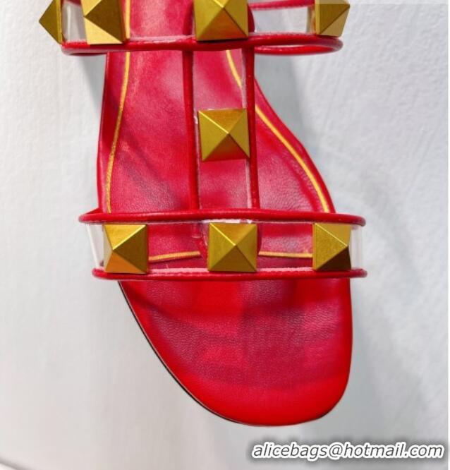 Good Looking Valentino Roman Stud Flat Slide Sandals in Leather and PVC Red 027106