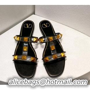 Popular Style Valentino Roman Stud Flat Slide Sandals in Leather and PVC Black 027108