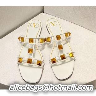 Good Product Valentino Roman Stud Flat Slide Sandals in Leather and PVC White 027107