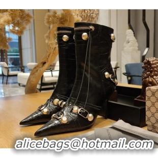 Popular Style Balenciaga Cagole Ankle Boots 9cm in Crocodile Embossed Leather Black 104067