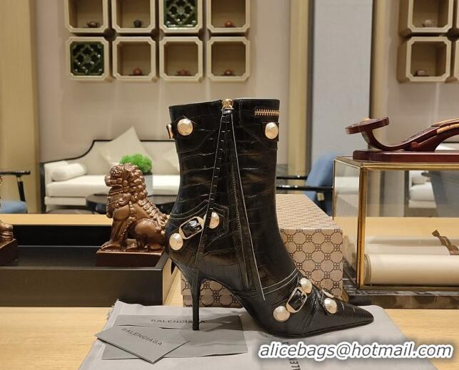 Popular Style Balenciaga Cagole Ankle Boots 9cm in Crocodile Embossed Leather Black 104067