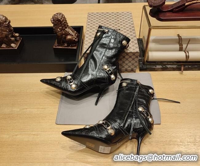 Popular Style Balenciaga Cagole Ankle Boots 9cm in Crocodile Embossed Leather Black 104067