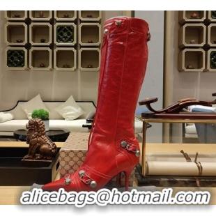 Perfect Balenciaga Cagole High Boots 9cm in Crinkle Shiny Leather Red 104070