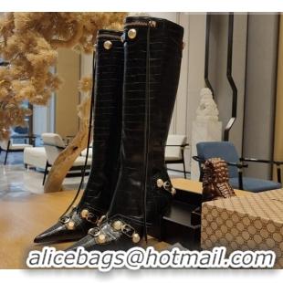 Charming Balenciaga Cagole High Boots 9cm in Crocodile Embossed Leather Black 104071