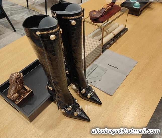 Charming Balenciaga Cagole High Boots 9cm in Crocodile Embossed Leather Black 104071