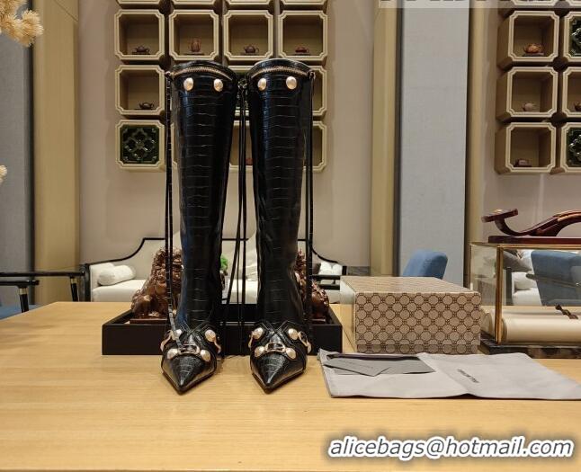 Charming Balenciaga Cagole High Boots 9cm in Crocodile Embossed Leather Black 104071