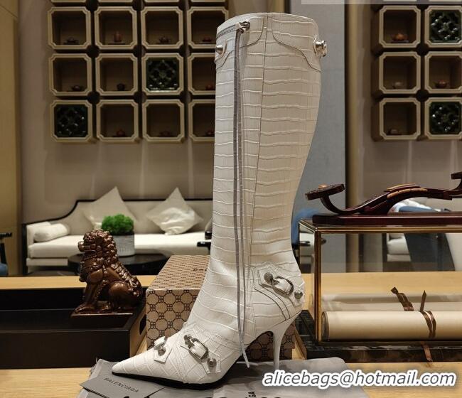 Sophisticated Balenciaga Cagole High Boots 9cm in Crocodile Embossed Leather White 104072