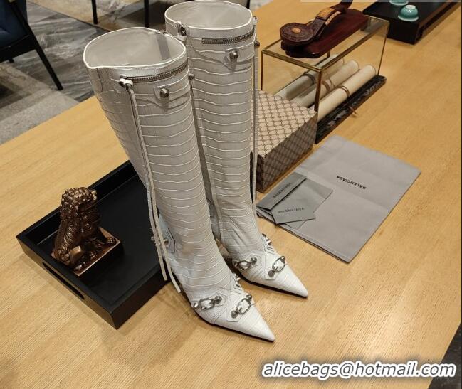 Sophisticated Balenciaga Cagole High Boots 9cm in Crocodile Embossed Leather White 104072