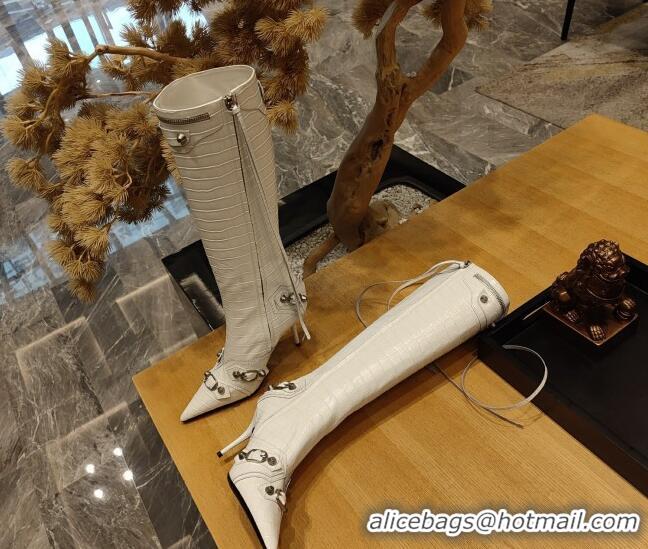 Sophisticated Balenciaga Cagole High Boots 9cm in Crocodile Embossed Leather White 104072