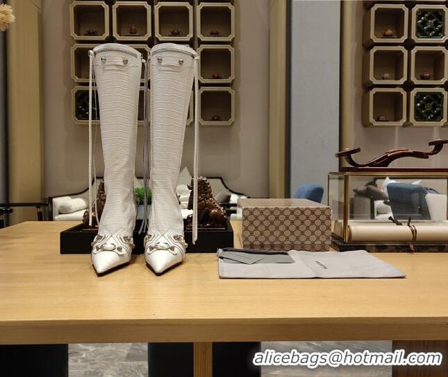 Sophisticated Balenciaga Cagole High Boots 9cm in Crocodile Embossed Leather White 104072