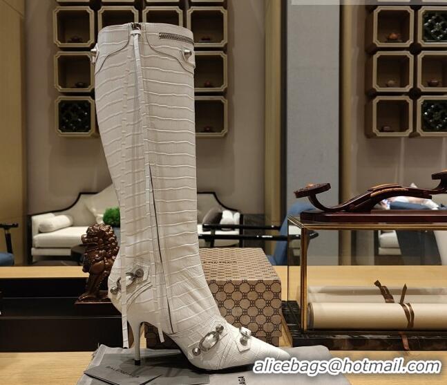 Sophisticated Balenciaga Cagole High Boots 9cm in Crocodile Embossed Leather White 104072