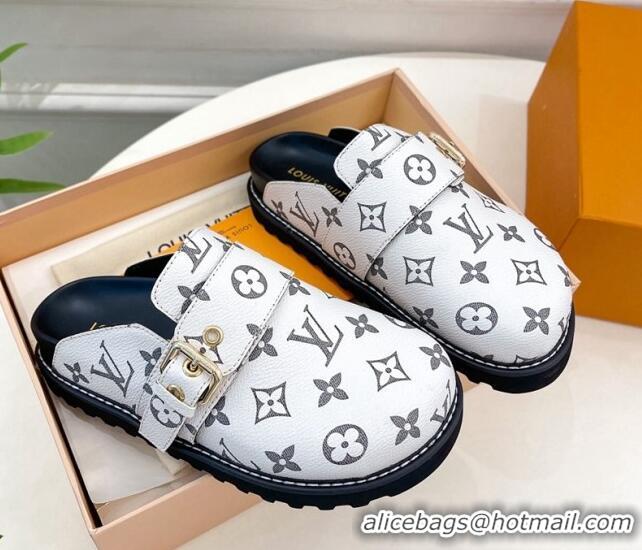 Good Product Louis Vuitton LV Cosy Flat Comfort Clog Mules with Buckle Strap in White Monogram Canvas 912025