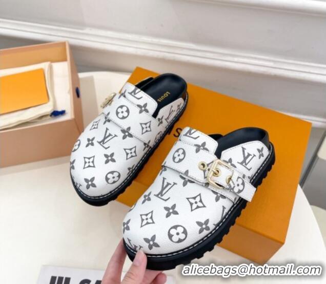 Good Product Louis Vuitton LV Cosy Flat Comfort Clog Mules with Buckle Strap in White Monogram Canvas 912025