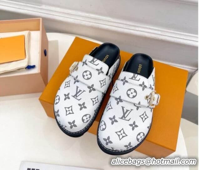 Good Product Louis Vuitton LV Cosy Flat Comfort Clog Mules with Buckle Strap in White Monogram Canvas 912025