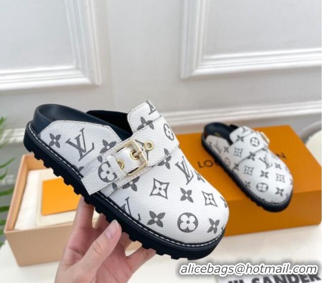 Good Product Louis Vuitton LV Cosy Flat Comfort Clog Mules with Buckle Strap in White Monogram Canvas 912025