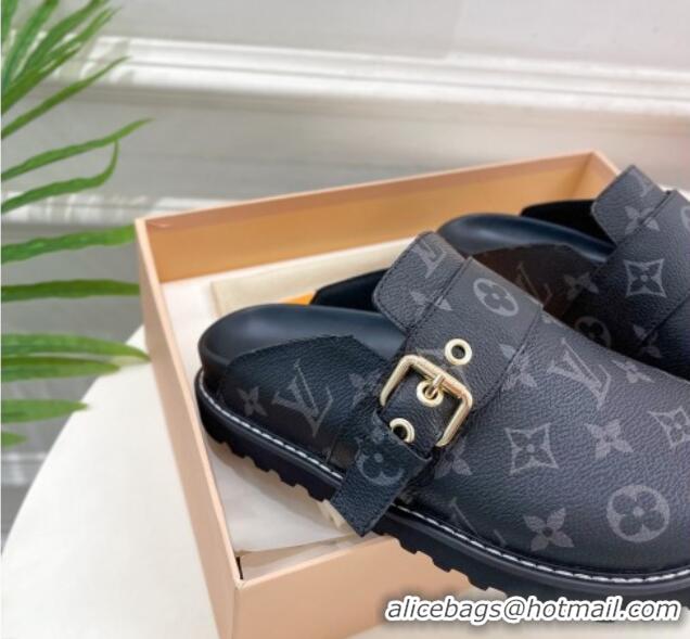 Lowest Price Louis Vuitton LV Cosy Flat Comfort Clog Mules with Buckle Strap Black Monogram Canvas 912026