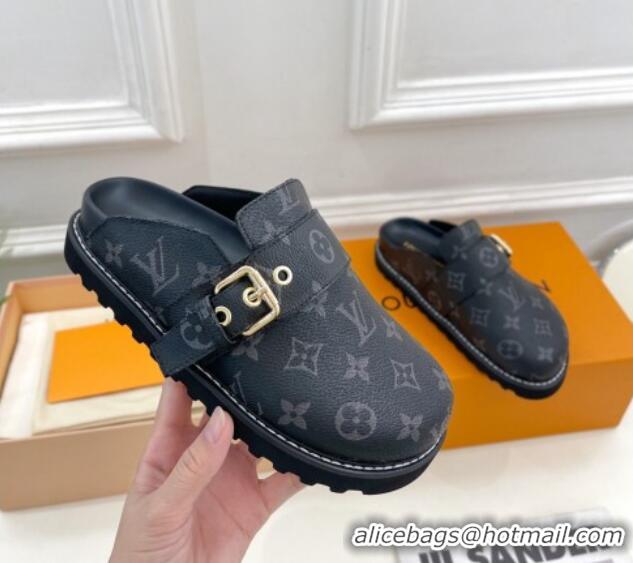 Lowest Price Louis Vuitton LV Cosy Flat Comfort Clog Mules with Buckle Strap Black Monogram Canvas 912026