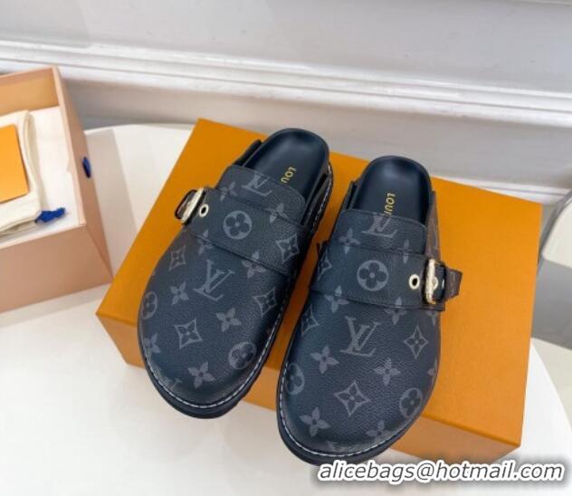 Lowest Price Louis Vuitton LV Cosy Flat Comfort Clog Mules with Buckle Strap Black Monogram Canvas 912026