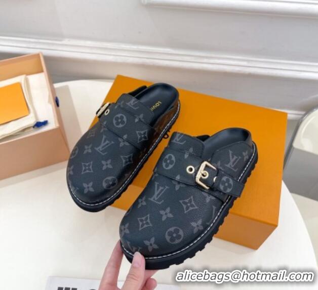 Lowest Price Louis Vuitton LV Cosy Flat Comfort Clog Mules with Buckle Strap Black Monogram Canvas 912026