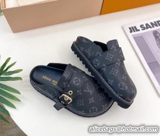 Lowest Price Louis Vuitton LV Cosy Flat Comfort Clog Mules with Buckle Strap Black Monogram Canvas 912026