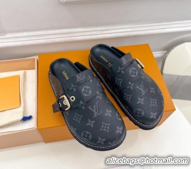 Lowest Price Louis Vuitton LV Cosy Flat Comfort Clog Mules with Buckle Strap Black Monogram Canvas 912026