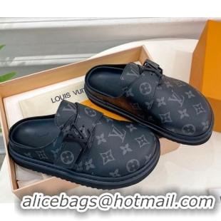 Duplicate Louis Vuitton Cosy Flat Comfort Clog Mules with LV Strap in Monogram Canvas Black 912027