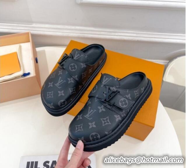 Duplicate Louis Vuitton Cosy Flat Comfort Clog Mules with LV Strap in Monogram Canvas Black 912027