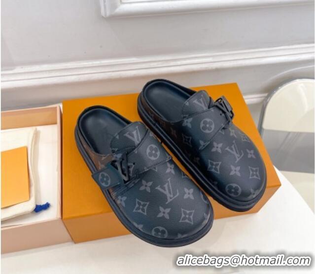 Duplicate Louis Vuitton Cosy Flat Comfort Clog Mules with LV Strap in Monogram Canvas Black 912027