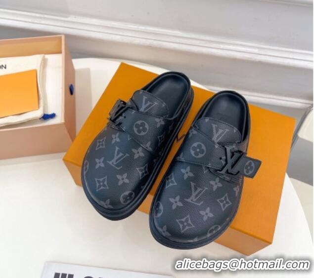 Duplicate Louis Vuitton Cosy Flat Comfort Clog Mules with LV Strap in Monogram Canvas Black 912027