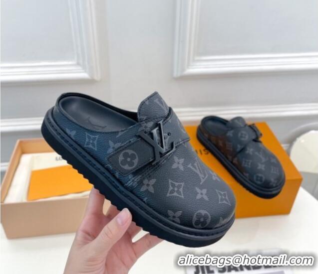 Duplicate Louis Vuitton Cosy Flat Comfort Clog Mules with LV Strap in Monogram Canvas Black 912027