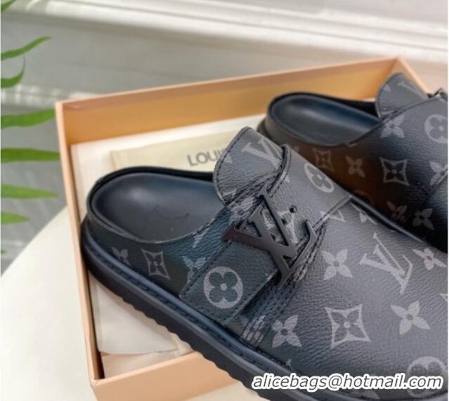 Duplicate Louis Vuitton Cosy Flat Comfort Clog Mules with LV Strap in Monogram Canvas Black 912027