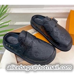 Pretty Style Louis Vuitton Cosy Flat Comfort Clog Mules with LV Strap in Monogram Leather Black 912029