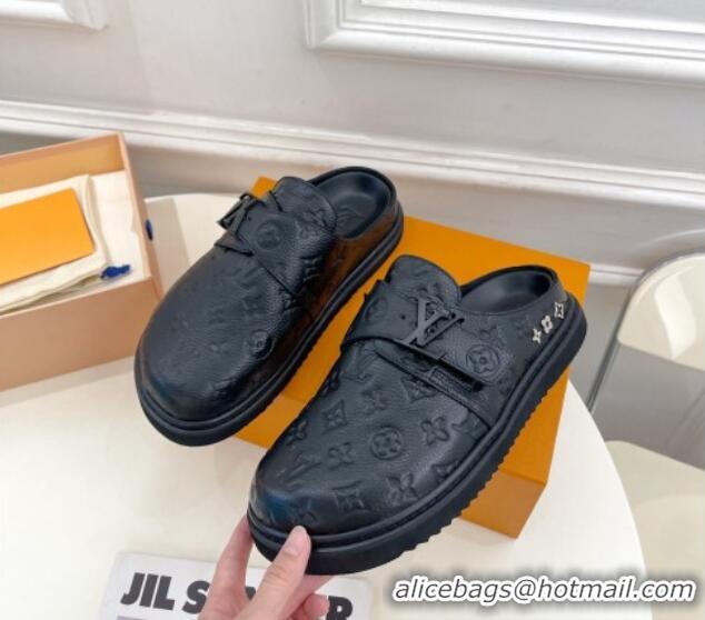 Pretty Style Louis Vuitton Cosy Flat Comfort Clog Mules with LV Strap in Monogram Leather Black 912029