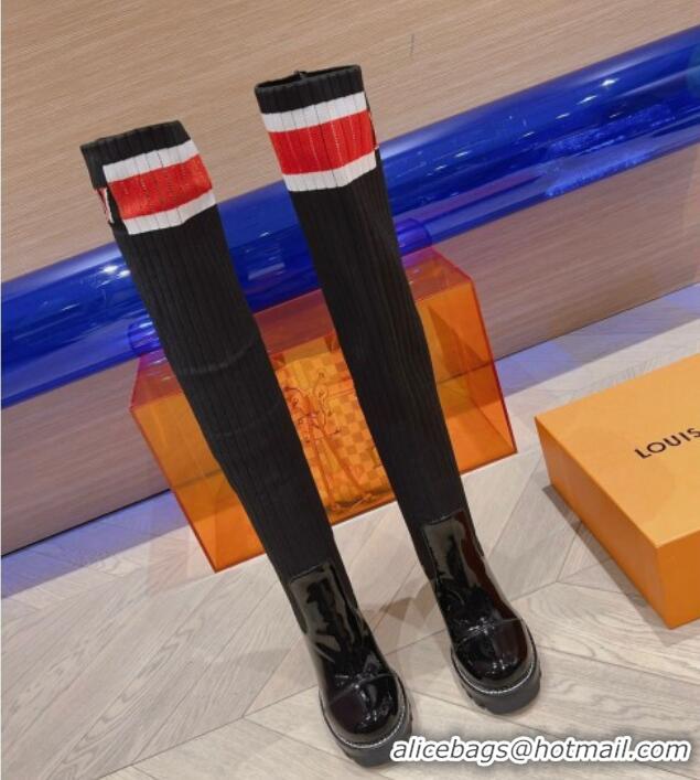 Charming Louis Vuitton Platform High Boots 9cm in Knit and Patent Leather Black/Red 912030