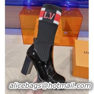 Stylish Louis Vuitton Platform Ankle Boots 9cm in Knit and Patent Leather Black/Red 912031