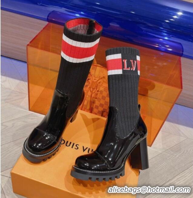 Stylish Louis Vuitton Platform Ankle Boots 9cm in Knit and Patent Leather Black/Red 912031