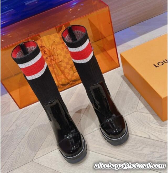 Stylish Louis Vuitton Platform Ankle Boots 9cm in Knit and Patent Leather Black/Red 912031