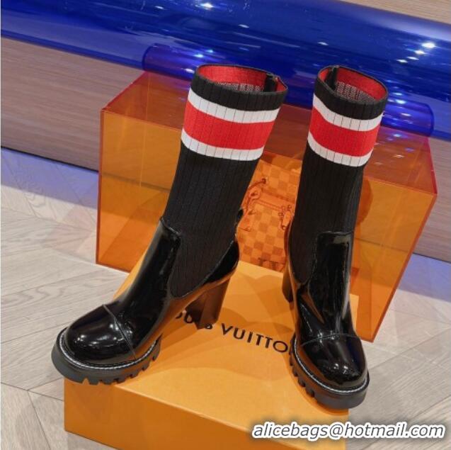 Stylish Louis Vuitton Platform Ankle Boots 9cm in Knit and Patent Leather Black/Red 912031