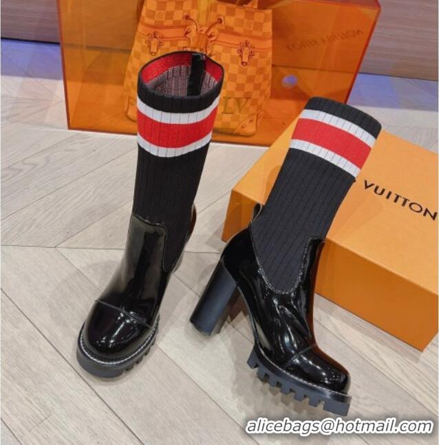 Stylish Louis Vuitton Platform Ankle Boots 9cm in Knit and Patent Leather Black/Red 912031