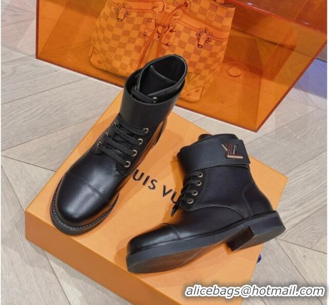 Low Cost Louis Vuitton Wonderland Flat Ranger Ankle Boots with LV Strap in Black Leather 912039