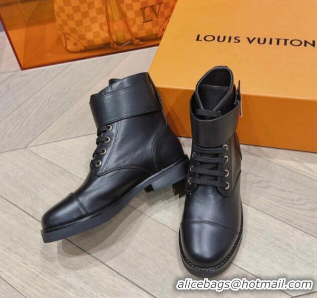 Low Cost Louis Vuitton Wonderland Flat Ranger Ankle Boots with LV Strap in Black Leather 912039